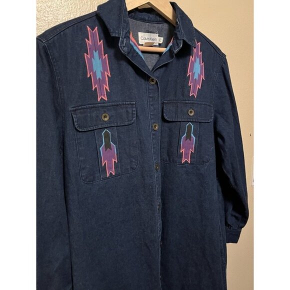 Vtg Calvin Klein Denim Duster Jacket Southwest Custom Tribal Native Am Women's L - Picture 12 of 16